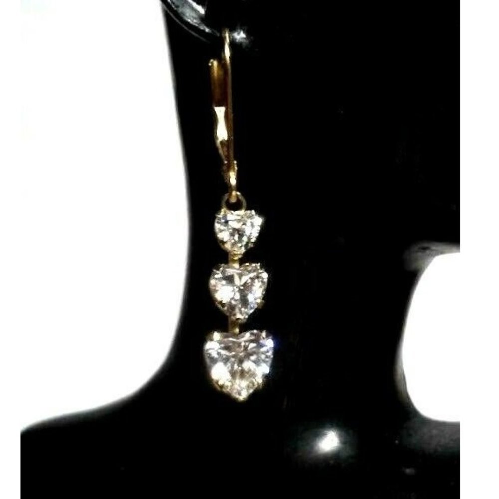 New WOT Solid 14K Yellow Gold Dangle Leverback Brilliance CZ Trio Heats Earrings